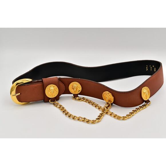 New York Studio Vintage L Leather Belt Buckle Gold Lion Coin Chain Brown 1980s main image 5